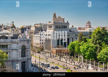 Madrid Spanien, Blick auf die Skyline der Stadt vom Independence Square und Cibeles Fountain Stockfoto