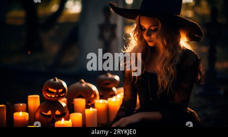 Mädchen im Kostüm, um Halloween zu feiern Stockfoto