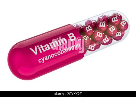 Vitaminkapsel B12, Cyanocobalamin. 3D-Rendering auf weißem Hintergrund isoliert Stockfoto