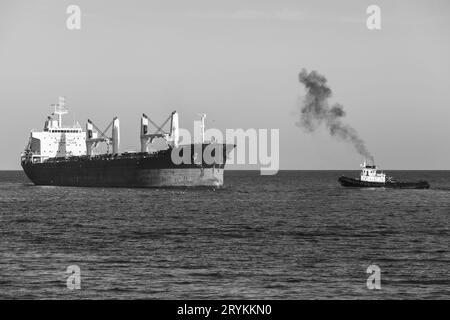 Massengutfrachter und Schlepper segeln das Schwarze Meer. Hafen von Varna, Bulgarien. Schwarzweißfoto Stockfoto