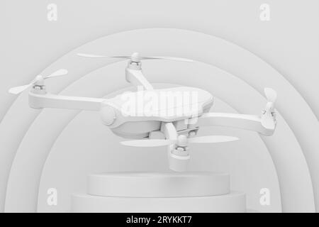 Abstrakte Szene oder Podium mit Drohne oder Quad-Hubschrauber mit Action-Kamera auf einfarbigem Hintergrund. 3D-Rendering der Szene für Produktpräsentation Personal A Stockfoto