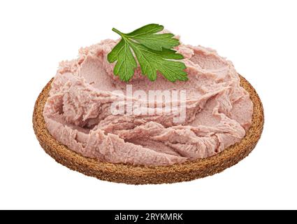 Brotscheibe mit Leberpastete isoliert auf weißem Hintergrund Stockfoto