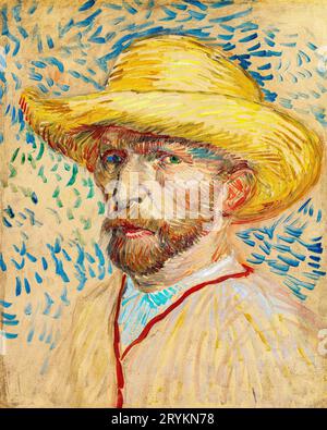 Vincent van Goghs Selbstporträt mit einem berühmten Gemälde mit Strohhut. Stockfoto