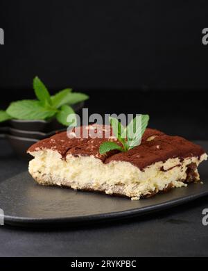 Ein Stück Tiramisu mit Kakao auf einem Zweig frischer Minze auf schwarzem Hintergrund Stockfoto