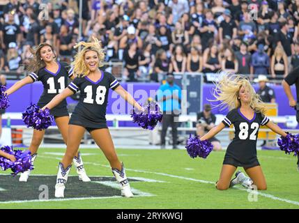 Fort Worth, Texas, USA. September 2023 30. TCU Horned Frogs Showgirls spielen vor dem NCAA Football-Spiel zwischen den West Virginia Mountaineers und TCU Horned Frogs im Amon G. Carter Stadium in Fort Worth, Texas. Matthew Lynch/CSM/Alamy Live News Stockfoto