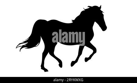 Schwarze Silhouette des Pferdes. Lauf- oder Wanderpferd oder Mustang. Vektor isoliert auf weiß. Hufe. Symbol, Emblem, Emblem. Design für Print, hippodrom, Pferderennen, Bauernhof, Stall Farm, zoo, Pferdesport-Club Stock Vektor