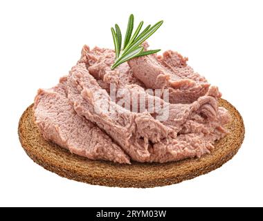 Brotscheibe mit Leberpastete isoliert auf weißem Hintergrund Stockfoto