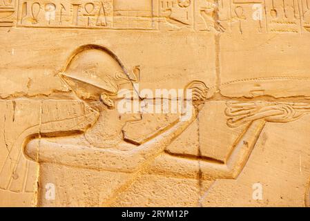 Antike geschnitzte ägyptische Symbole und Hieroglyphen an den Wänden des Karnak-Tempels in Ägypten Stockfoto