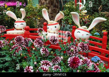 Eine Gruppe süßer und bezaubernder, Cartoon-ähnlicher Kaninchen, die aus den Blumen in den Gärten an der Bucht hervorgehen Stockfoto