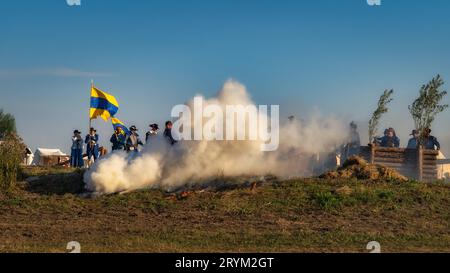 Polnischer schwedischer Krieg, Schlacht bei Gniew aus dem 16. Jahrhundert Feuer und Rauch durch Kanonenangriffe auf Befestigungsanlagen Stockfoto