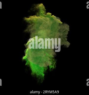 Vollständiger Rahmen von Formen und Texturen einer Explosion von Pulver und Rauch der Farbe hellgrün und dunkelblau auf einem schwarzen Hintergrund. Stockfoto