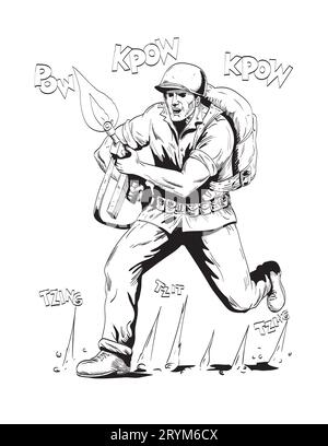 World war Two American GI Soldier mit Rifle Comics Style Zeichnung Stockfoto