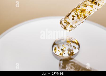 Pipetten- und Gelkosmetikprodukte mit Gold in einer Petrischale auf beigefarbenem Hintergrund Stockfoto