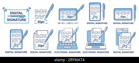 Digitale elektronische Signatur, Stift für den Vertrag zur Online-Signatur auf dem Mobiltelefon, Zeilensymbol auf dem Tablet-Bildschirm. E-Signatur-Vektor für Geschäftspapiere Stock Vektor