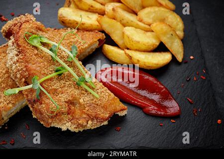 Schweineschnitzel mit Kartoffeln, Soße und Kräutern auf dunklem Hintergrund Stockfoto