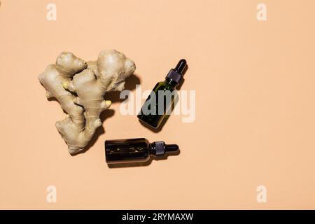 Ätherisches Bio-Ingweröl in dunkler Glasflasche und Ingwerwurzel, Kopierraum Stockfoto