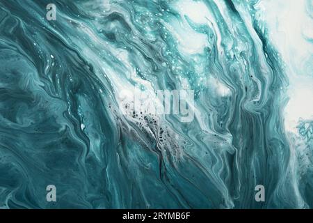Fluide Art. Flüssiges Türkis, abstrakte Tropfen und Wellen. Hintergrund oder Textur mit Marmoreffekt Stockfoto