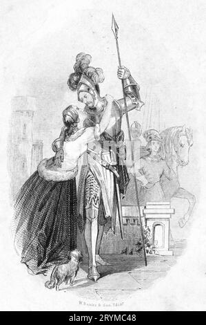 Gravur einer Frau, die sich von einem gutaussehenden Ritter in voller Rüstung verabschiedet Stockfoto