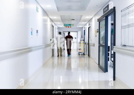 Verschwommene Bewegung verschiedener Ärzte, die im belebten Krankenhausflur gehen, Kopierraum Stockfoto