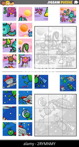 Cartoon-Darstellung von pädagogischen Puzzlespielen mit Fantasiefiguren Stockfoto