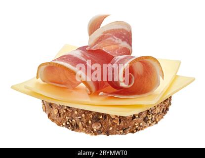 Geräucherter Speck auf Weißbrot, Sandwich mit Schweinebraten Stockfoto