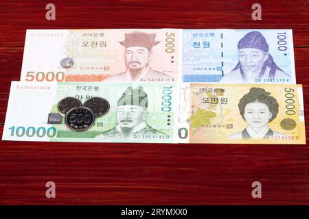 Südkoreanisches Geld - Münzen und Banknoten Stockfoto