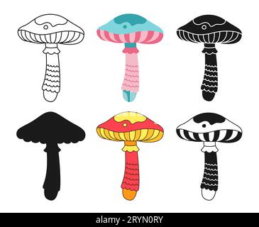 Pilz Psychedelic fantastisches Set. Farbige Comic-Silhouette oder Symbol-Doodle-Tätowierung, Linie verzierte surreale spirituelle Pilze. Stylizes Retro-Hippie-Pilz Alchemie gezeichnete Vektorsammlung Stock Vektor