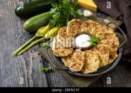 Gesundes Sommeressen, Zucchini-Krapfen. Vegetarische Zucchini-Pfannkuchen mit Käse, serviert mit Sauerrahm auf einem rustikalen Holztisch Stockfoto