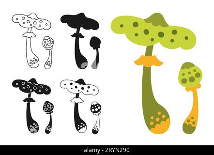 Pilz Psychedelic fantastisches Kinderhocker-Set. Stylizes Retro-Hippie-Pilz. Farbige Comic-Silhouette oder Symbol-Doodle-Tätowierung, Linie verzierte surreale Pilze. Alchemie gezeichnete Vektorsammlung Stock Vektor