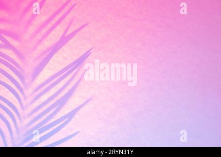 Schatten von Palmblatt in trendiger duotone Hintergrundbeleuchtung. Abstrakter Hintergrund in rosa lila Neonfarben Stockfoto
