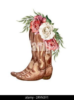 Aquarelle Blumen in Stiefeln. Cowboystiefel und Blumen. Bauernhaus-Roktick-Hochzeit. Westlicher Clipart Stockfoto