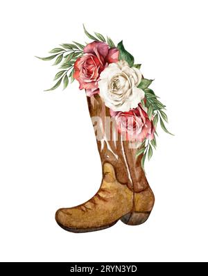 Aquarelle Blumen in Stiefeln. Cowboystiefel und Blumen. Bauernhaus-Roktick-Hochzeit. Westlicher Clipart Stockfoto