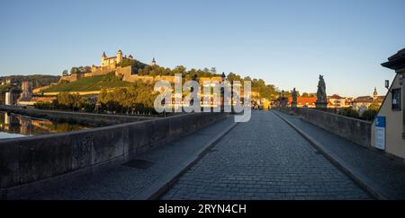 Blick von der alten Mainbrücke, Festung Marienberg, Morgenlicht, Panoramablick, Würzburg, Franken, Bayern, Deutschland Stockfoto