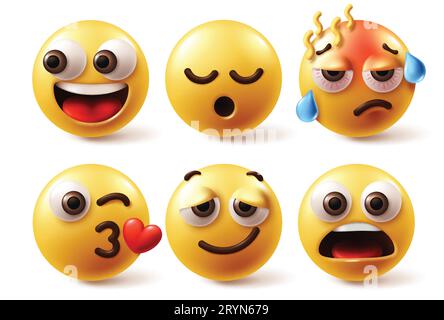 Emojis-Zeichen Flächenvektorsatz. Emoticons Emoji gelbes Symbol in glücklichem, schläfrigem, krankem Fieber, Küssen und Schock Emotionen und Gefühle in weiß Stock Vektor