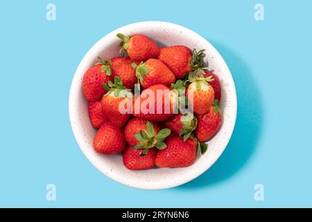 Frische Erdbeeren in Schüssel, isoliert auf blauem Hintergrund. Draufsicht Stockfoto