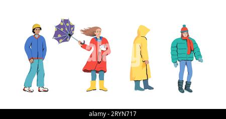 Leute laufen bei schlechtem Wetter. Laufen Sie im Herbst und im Winter im Regen. Gruppe von isolierten Zeichen. Vektorillustration. Stock Vektor