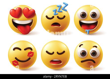 Emoji-Zeichen Gesichtsvektorsatz. Emojis Emoticon gelbe Figur in der Liebe, glückliches Gesicht, hungrig gelangweilt, enttäuscht und verwirrt Gesichtsreaktion in weiß Stock Vektor