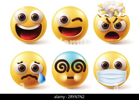 Emoji-Zeichen Gesichtsvektorsatz. Emojis Emoticon Icon Figur in lächelndem, fröhlichem Gesicht, zwinkernd, explodierend wütend, weinend, schwindlig und krank Stock Vektor