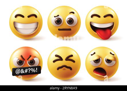 Emojis Emoticon Vektorsatz. Emoticons Emoji Charaktere gelbe Iconensammlung in Happy, Smile, verwirrt, frech, verrückt, wütend und schläfrig im Gesicht Stock Vektor