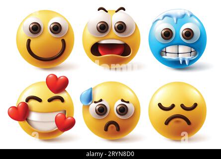 Emojis Emoticon Zeichen Vektorsatz. Emoji Emoticons in Happy, Shock, Freeze, in love, lustig und traurig Gesichtsausdruck in weißem Hintergrund. Vektor Stock Vektor