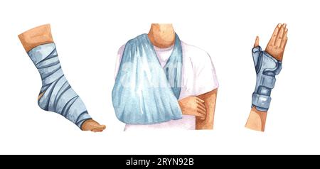 Aquarell Darstellung von Tannen helfen Person mit verletzter Hand, leh, diskozierter Schulter, Bandarm. Physiotherapie-Clipart. Stockfoto