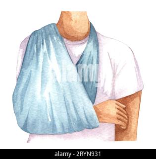 Aquarell Darstellung von Tannen helfen Person mit Schulterluxation, Bandarm. Physiotherapie-Clipart. Stockfoto