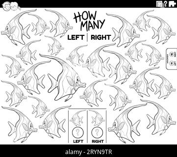Schwarz-weißer Cartoon, Darstellung eines Lernspiels zum Zählen von links und rechts ausgerichteten Bildern einer Seite zum Ausmalen von Meerestieren Stockfoto