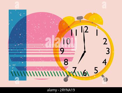 Risograph Wecker mit geometrischen Formen. Das Konzept des frühen Morgenbeginns mit Objekten im trendigen Riso-Grafik-Design und Textur-Print. Stock Vektor