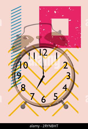Risograph Wecker mit geometrischen Formen. Das Konzept des frühen Morgenbeginns mit Objekten im trendigen Riso-Grafik-Design und Textur-Print. Stock Vektor