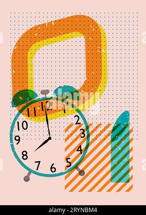 Risograph Wecker mit geometrischen Formen. Das Konzept des frühen Morgenbeginns mit Objekten im trendigen Riso-Grafik-Design und Textur-Print. Stock Vektor