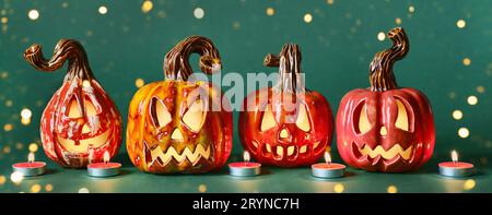 Halloween diy Keramik Kürbisse Jack Laterne, Kerzen und Bokeh Lichter auf grünem Banner Stockfoto