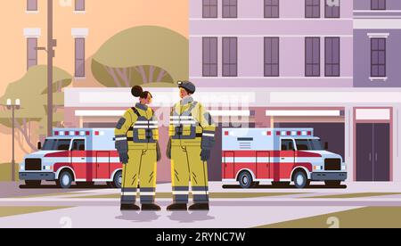 Feuerwehrleute in Uniform in der Nähe der Feuerwehrhausfassade und roter Einsatzfahrzeuge horizontal Stock Vektor