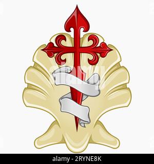 Vektorentwurf der christlichen Symbolik des Apostels santiago, Kreuz des Apostels Santiago mit Furnier und Band Stock Vektor