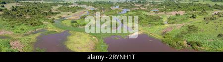 Luftaufnahme Panorama der typischen Pantanal Feuchtgebiete Landschaft mit Lagunen, Wald, Wiesen, Fluss, fi Stockfoto